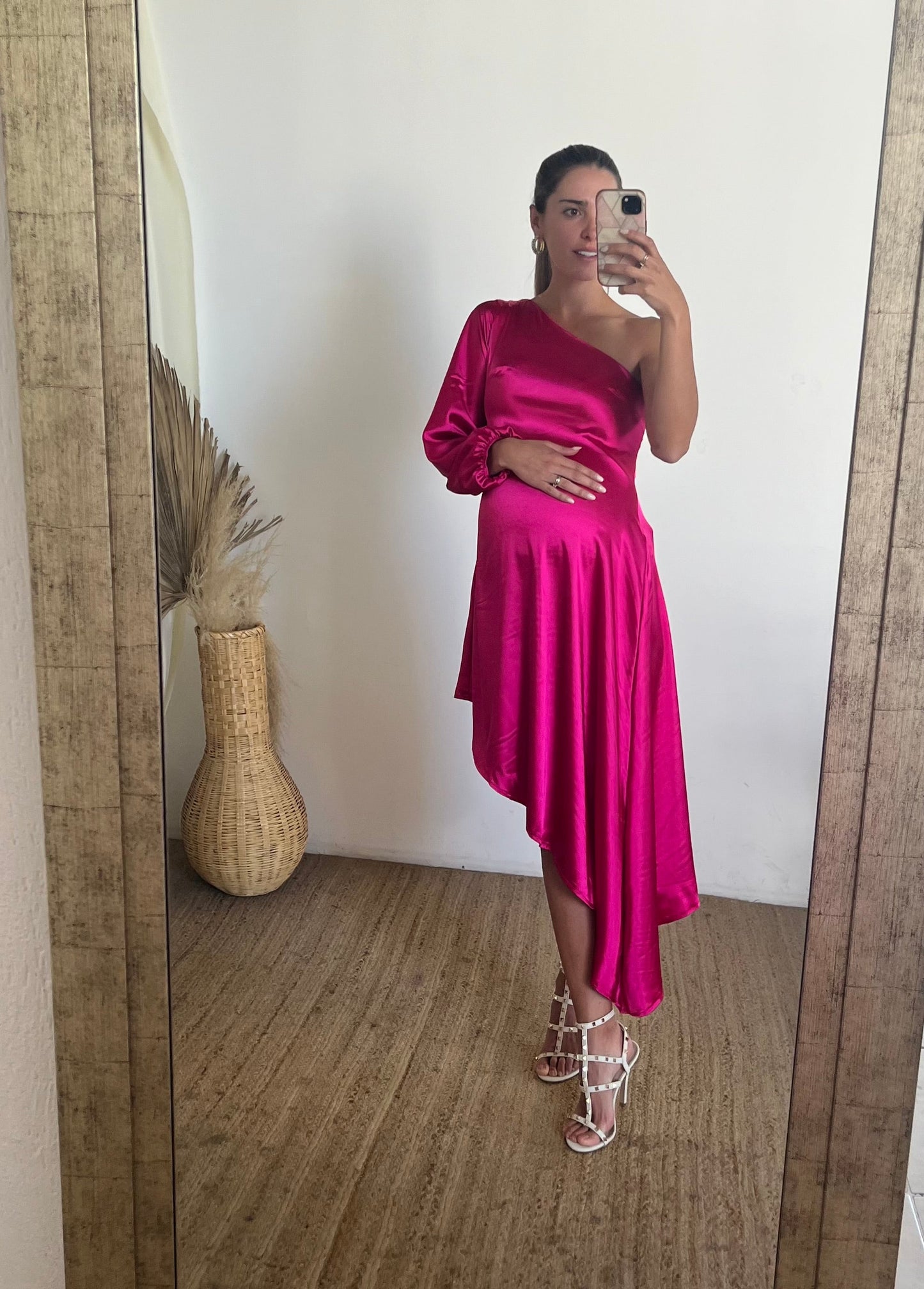 Vestido maternidad Samantha, rosa Barbie brilloso CH, M y G