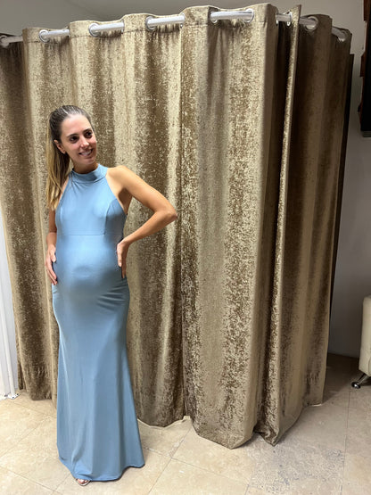 Vestido maternidad Eugenia largo azul polvo brilloso