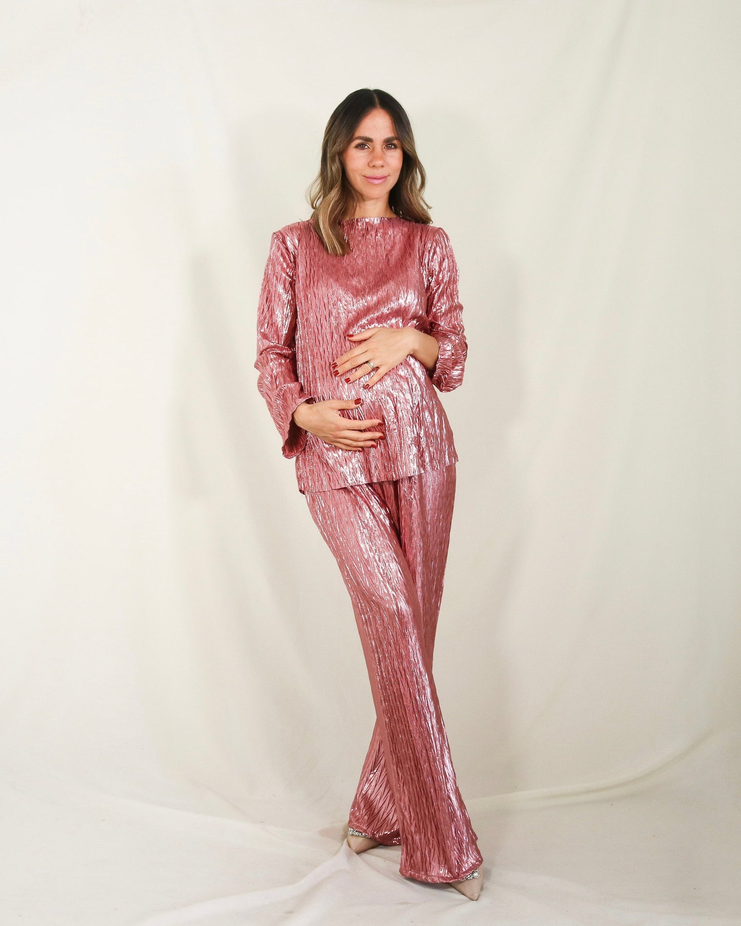 Conjunto de maternidad Mayte, rosa brilloso corrugado M