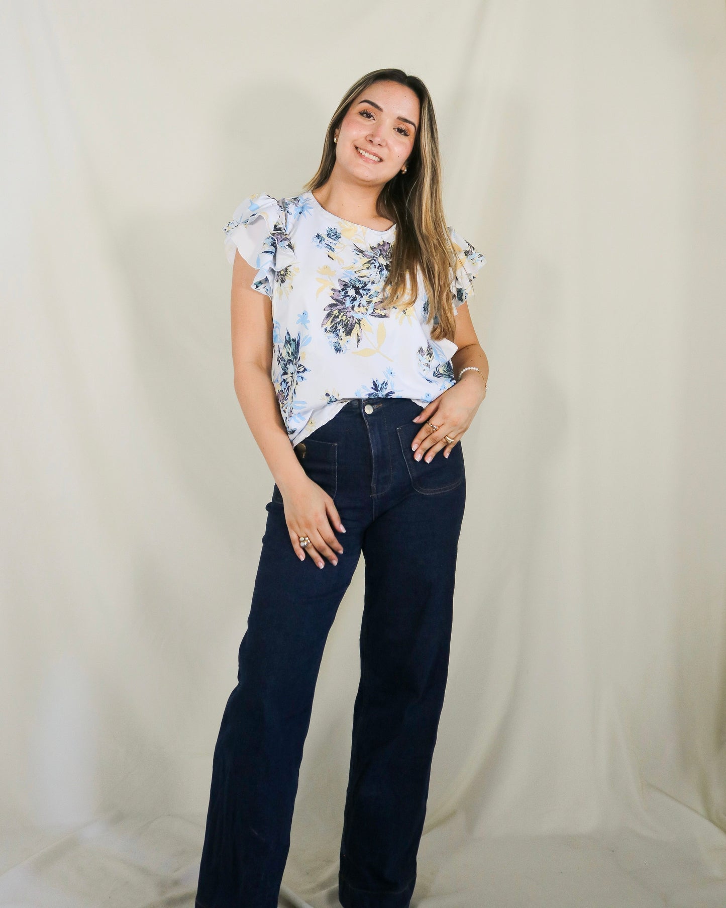 Blusa de lactancia, Adri azul florecitas con amarillo