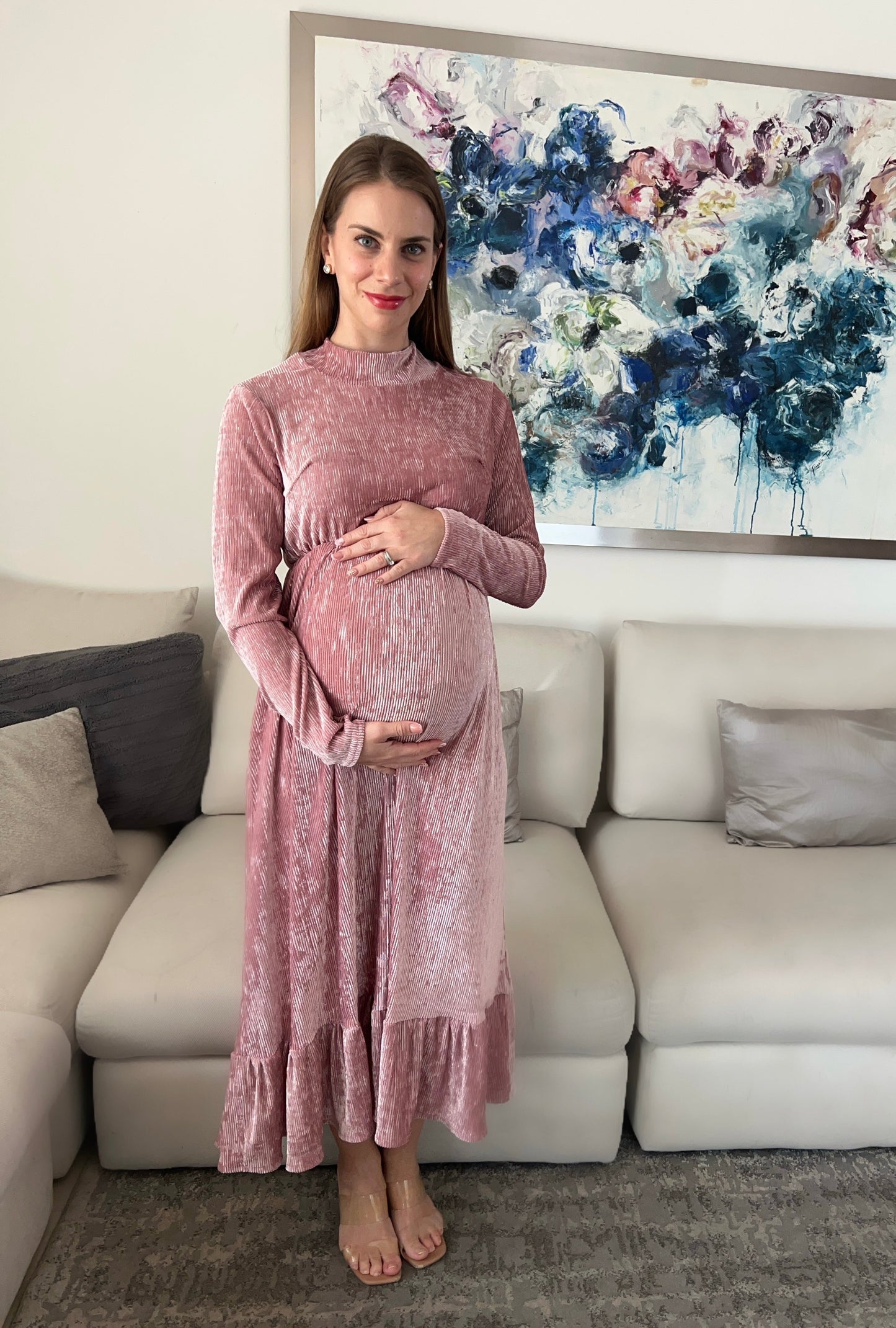 Vestido de maternidad, Gaby rosa terciopelo M