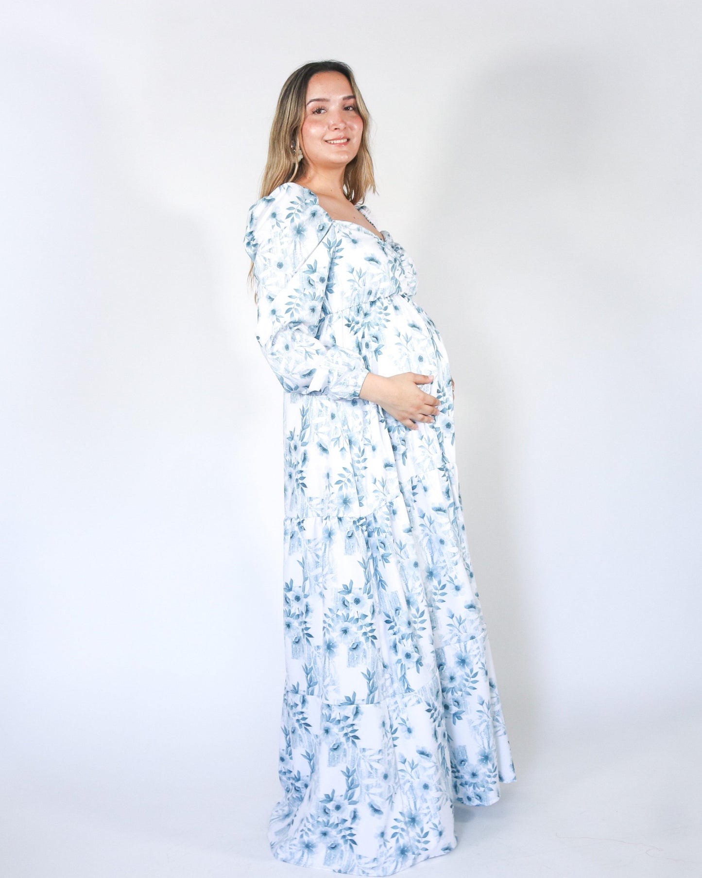 Vestido maternidad Priscila largo, blanco con azul