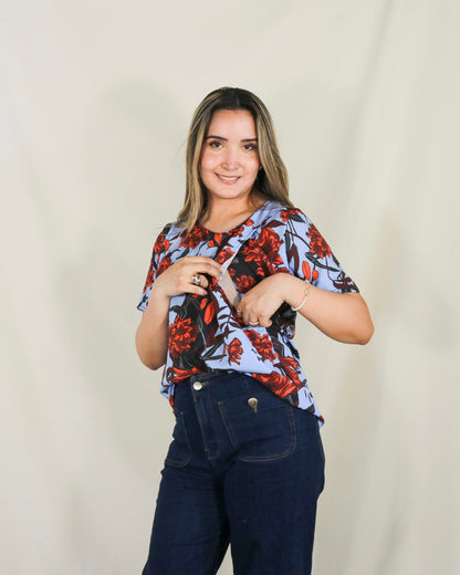 Blusa de lactancia, Esme azul flores naranjas