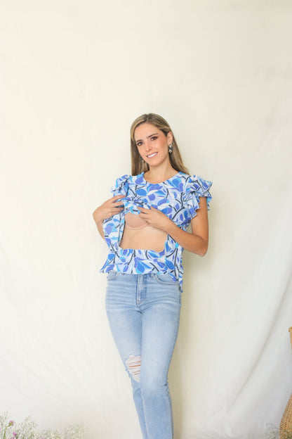 Blusa de lactancia Ruth, azul tallos CH