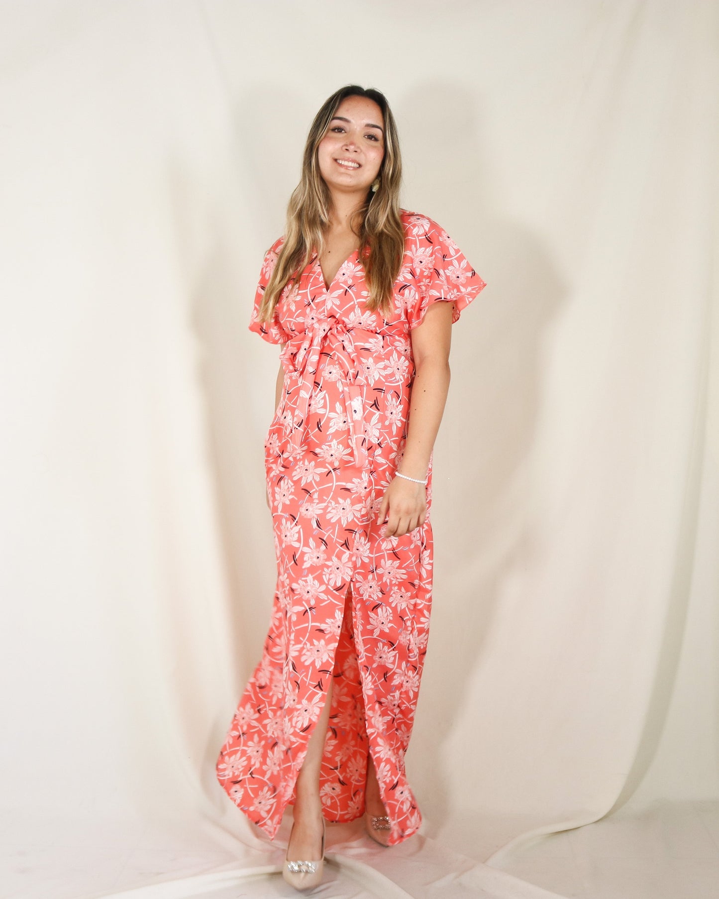 Vestido Love naranja flores blancas XG