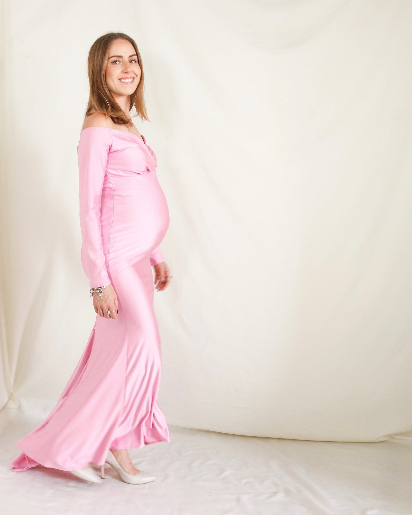 Vestido de maternidad sesión, Ritta rosa brilloso intenso