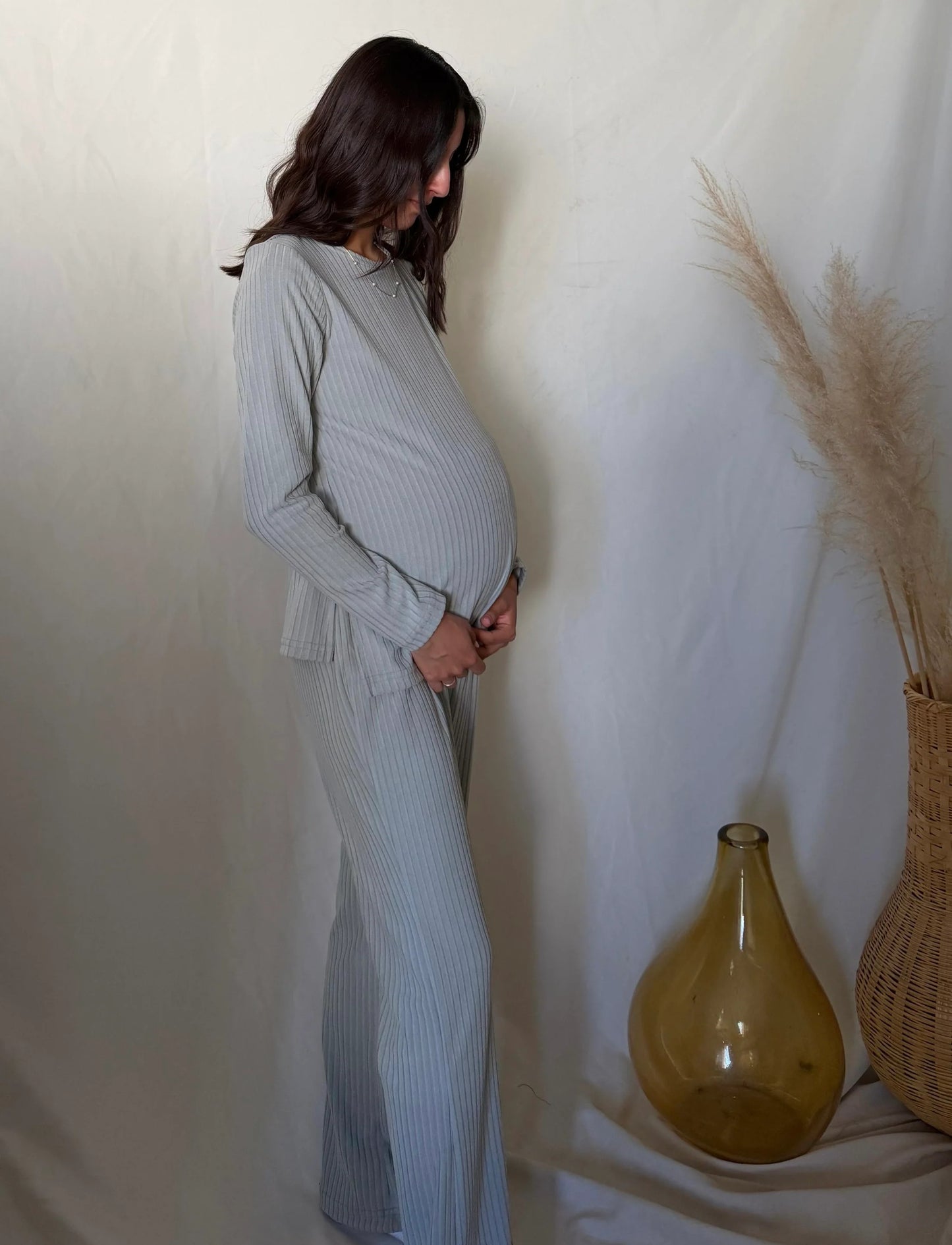 Conjunto de maternidad Cinthya, gris clarito rayitas CH, M