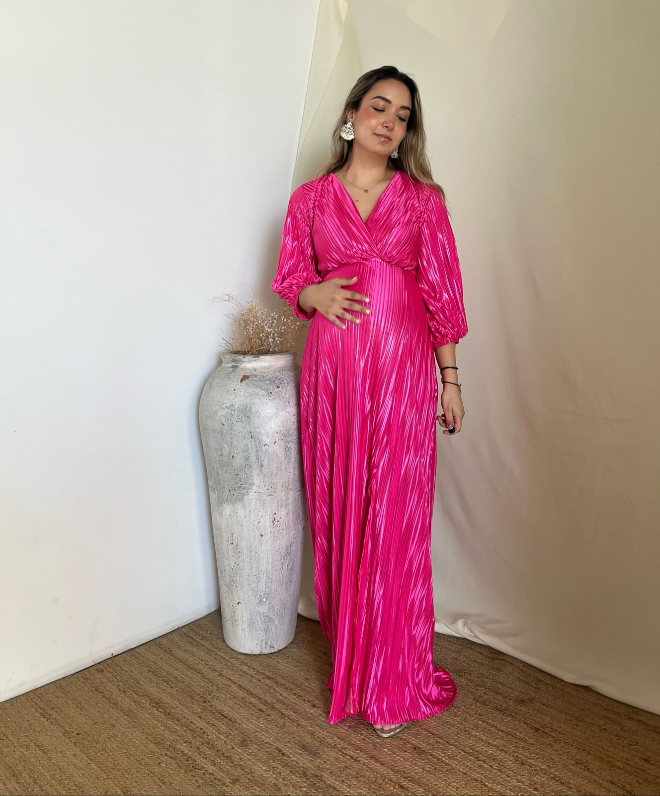 Vestido de maternidad, Nicole rosa neón corrugado CH a XG