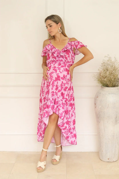 Vestido de maternidad y lactancia, Carlota rosa flores rosas M, G