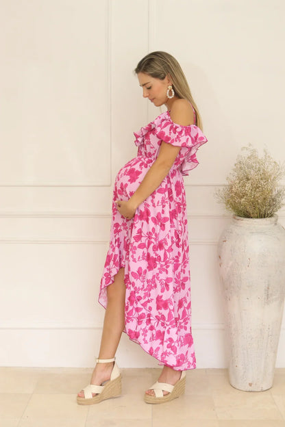 Vestido de maternidad y lactancia, Carlota rosa flores rosas M, G