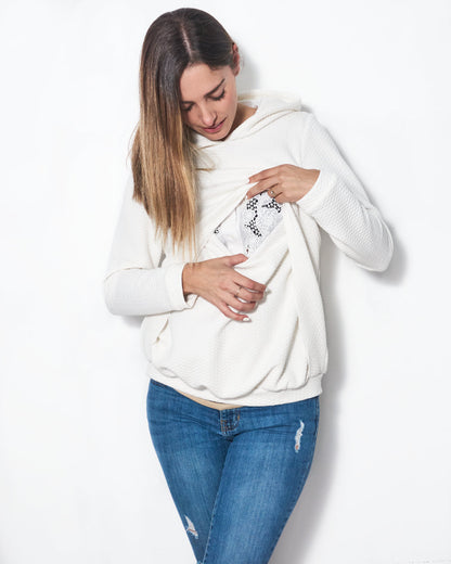 Sudadera de lactancia Gloria, blanca con capucha XG