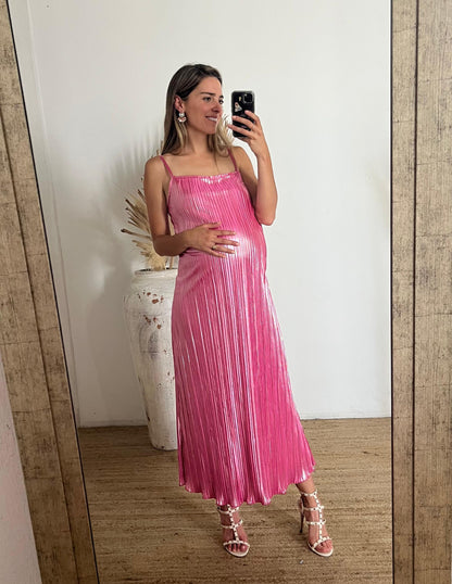Vestido de maternidad Paloma, rosa metálico rayas