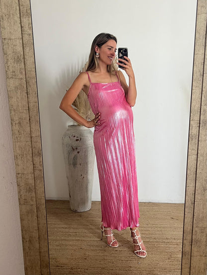 Vestido de maternidad Paloma, rosa metálico rayas