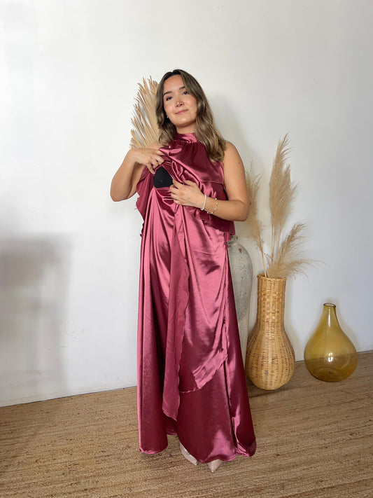 Vestido Ariel de maternidad y lactancia rosa satinado