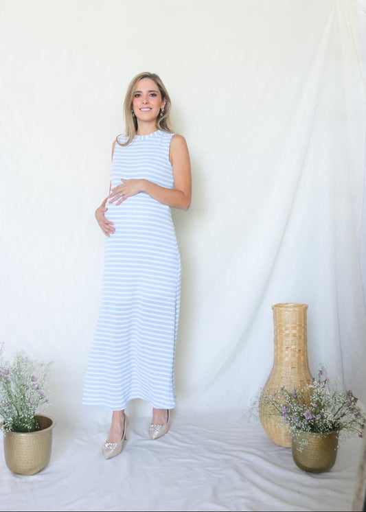 Vestido de maternidad Leslie, azul cielo rayas