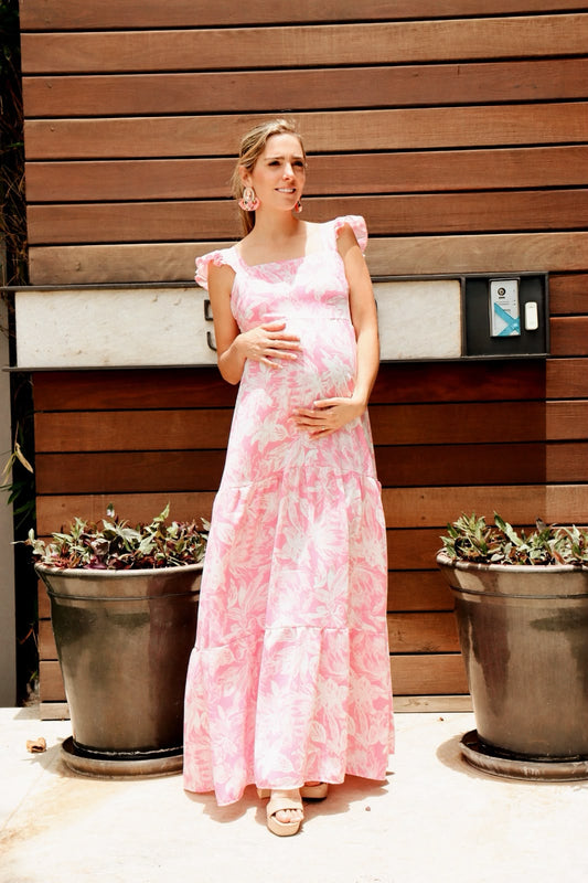 Vestido de maternidad Dalia rosa flores blancas