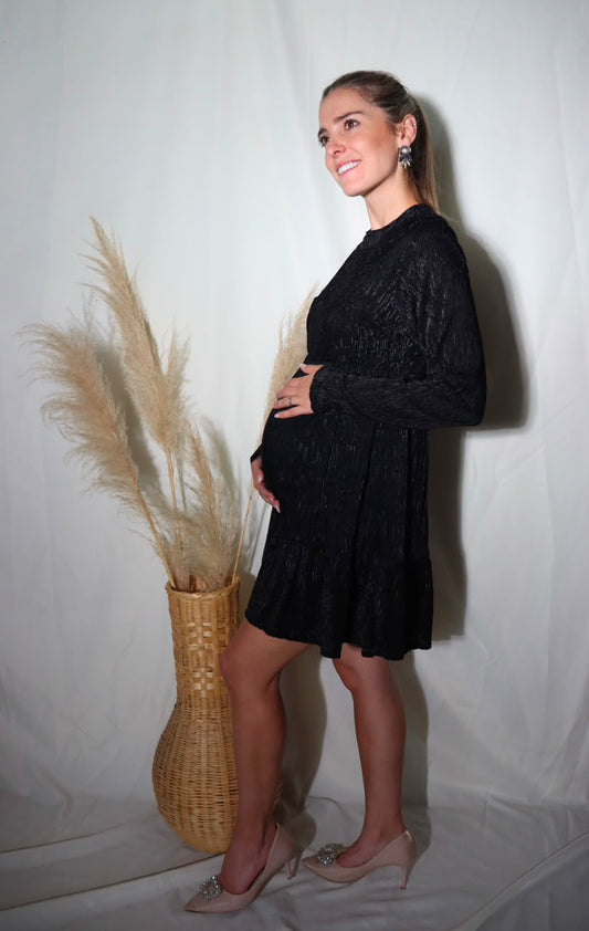 Vestido de maternidad Gaby, negro terciopelo brillos