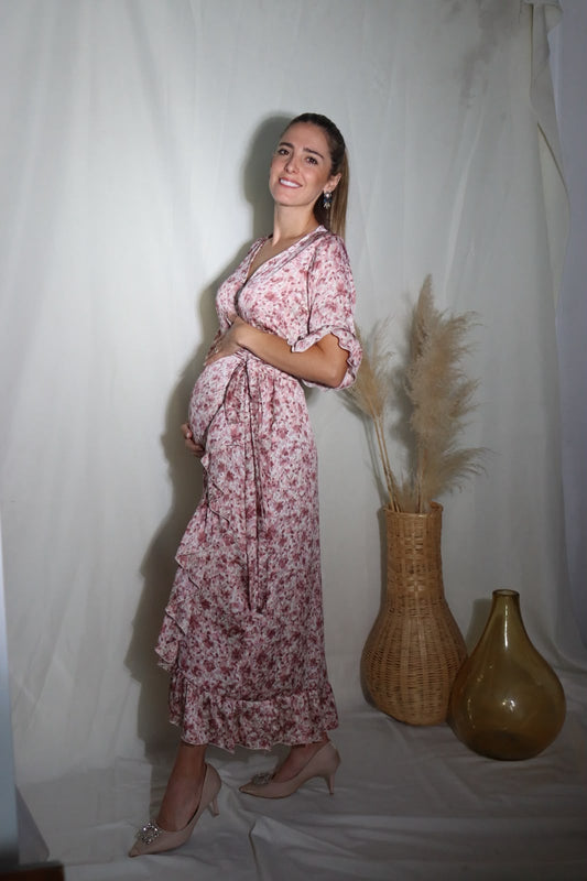 Vestido de maternidad, Ursula rosa flores seda