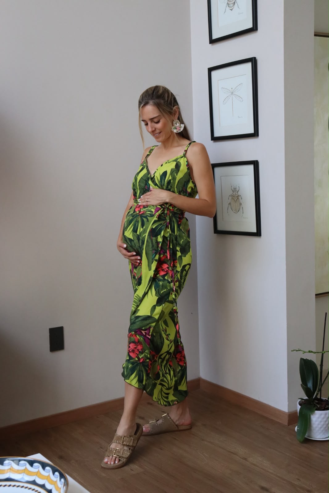 Vestido maternidad tirantes flores verde