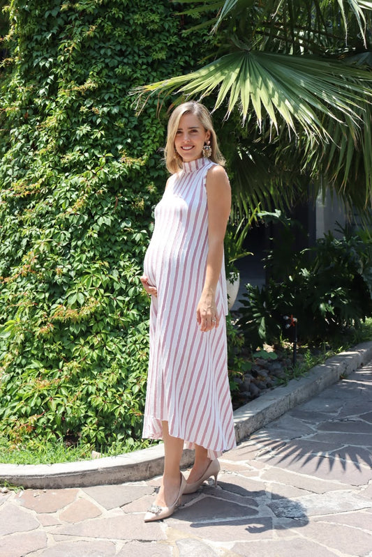 Vestido de maternidad Sonia rayas beige/rosa