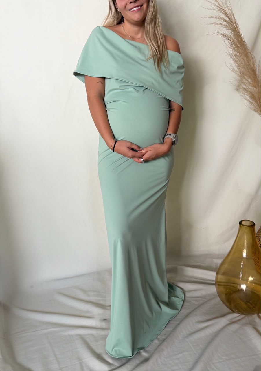 Vestido de maternidad, lluvia largo verde claro licra