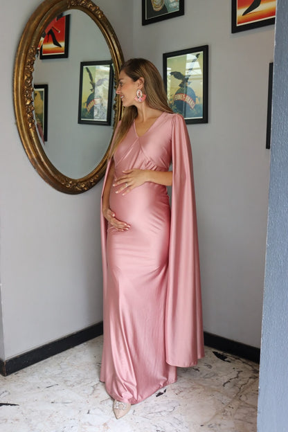 Vestido de maternidad Eliana, rosa polvo satin licra