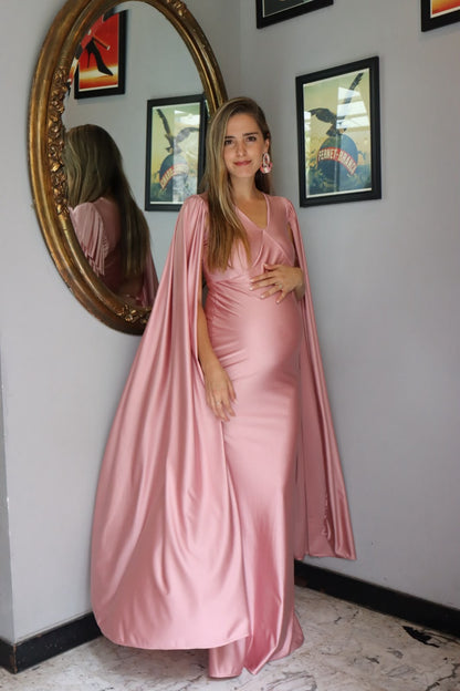 Vestido de maternidad Eliana, rosa polvo satin licra