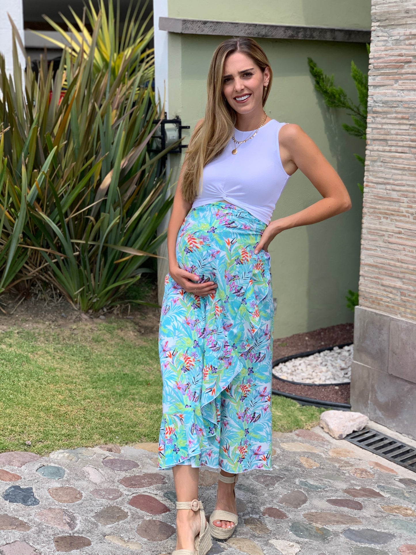 Falda de maternidad, flores aqua G