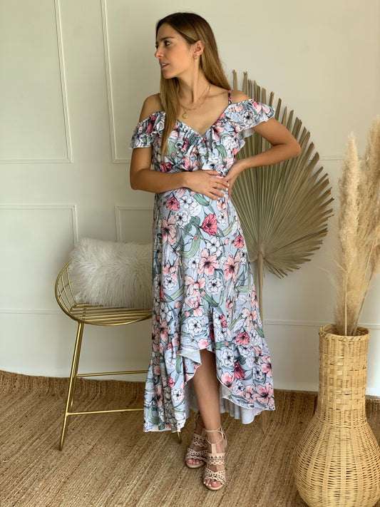 Vestido de maternidad y lactancia, Carlota azul con flores rosas CH, M