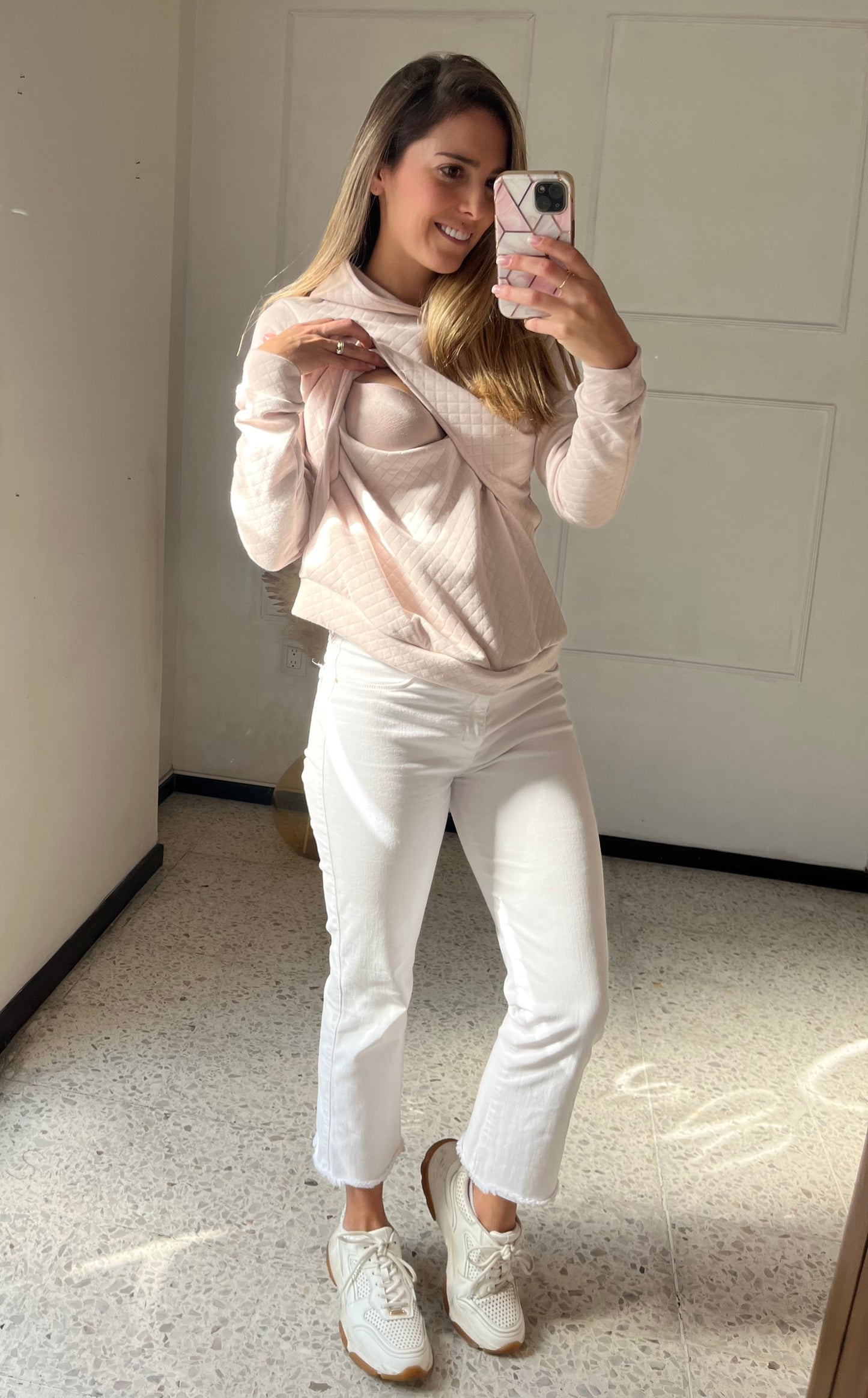 Sudadera de lactancia, Gloria beige rombos con capucha G