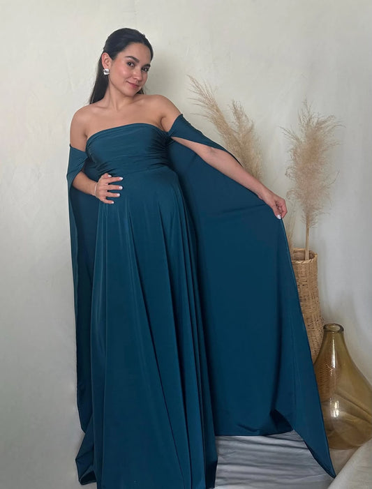 Vestido de maternidad Leonor, azul verdoso destellante licra